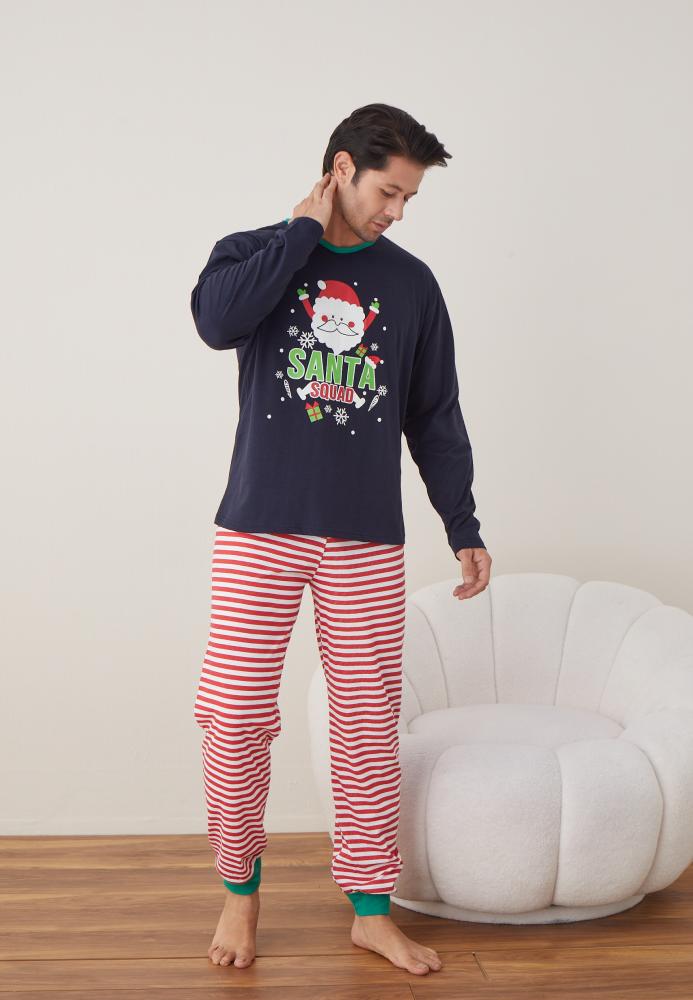 Pijama barbati Craciun " SANTA" maneca lunga ,pantaloni lungi,Culoare Bleumarin, Engros